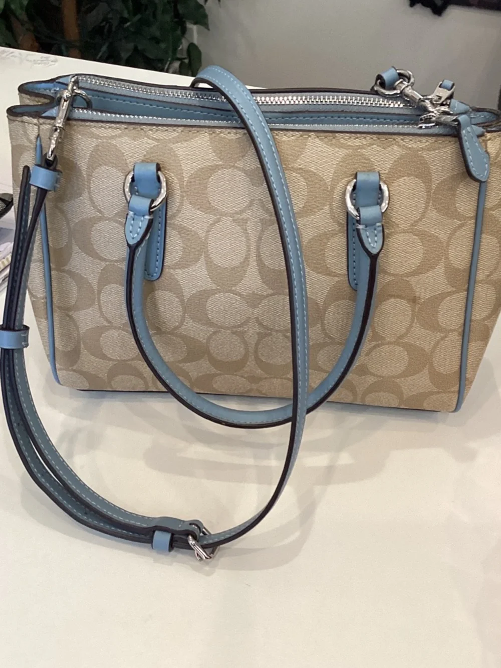 Coach Beige Signature Tote with Light Blue Trim - Picture 4 of 4